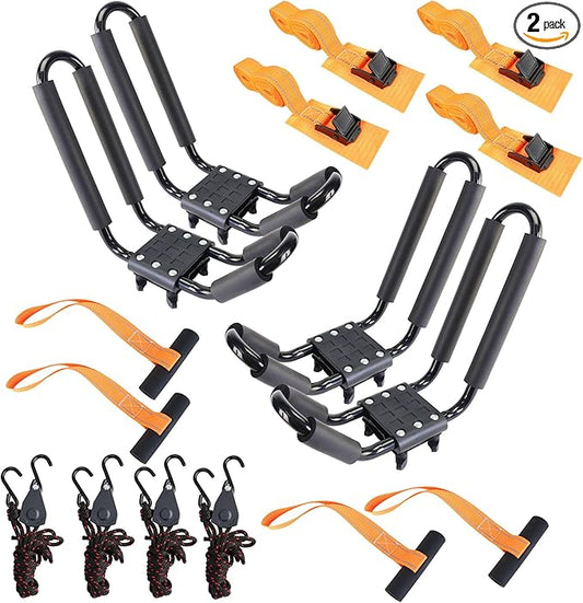 Kayak Roof Rack 2 Pairs Heavy Duty J-Bar Carrier Holder for Canoe, SUV, Cars, Truck, Surf Ski, Tie-Mount on Car Roof Top Crossbar for Trip - Includes 8 Pcs Ratchet, Set of 4
