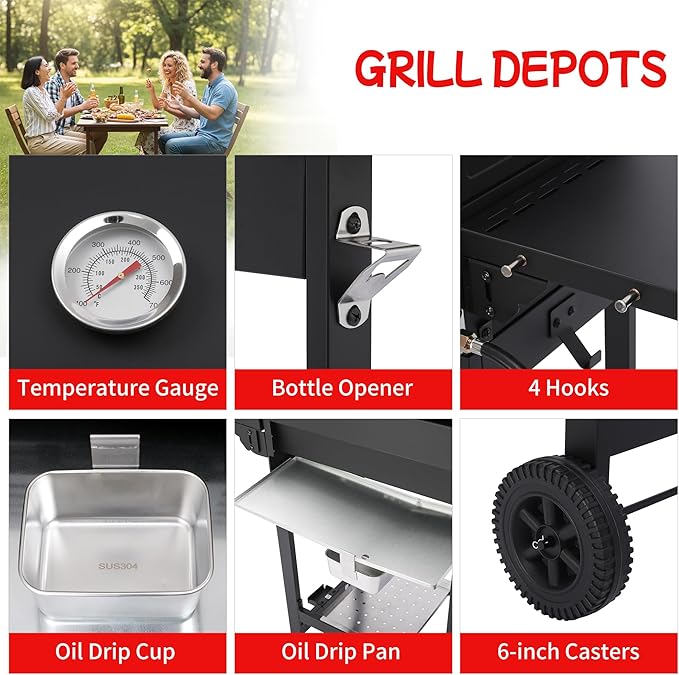 4-Burner Propane Gas Grill, 38250 BTU Outdoor BBQ Grill with Cast Iron Grates & Foldable Side Shelves, Portable Grill for Backyard, Patio, Camping, Black