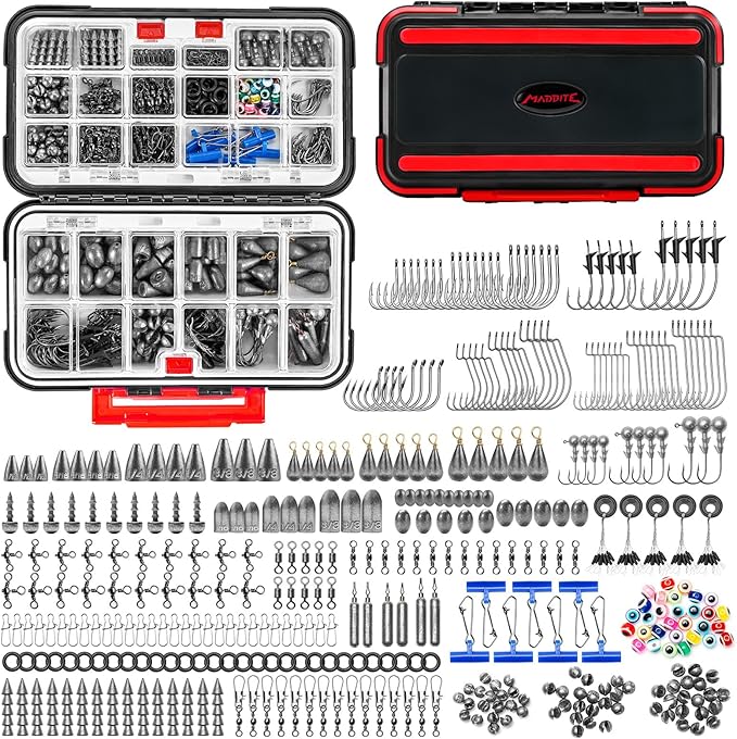 MadBite by KastKing 182/265/400pcs Compact Fishing Tackle Kit - All-in-One Freshwater Hooks, Weights, Bobbers in Tackle Box, Fishing Gear Set for Bass Trout Panfish