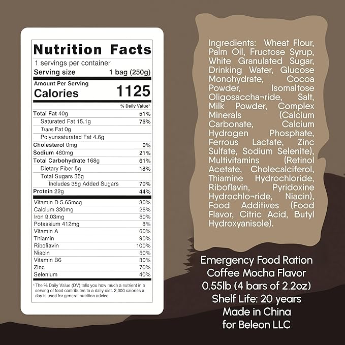 Emergency Food Supply - Coffee Mocha Survival Ration - 20 Years Shelf Life - 1 Day