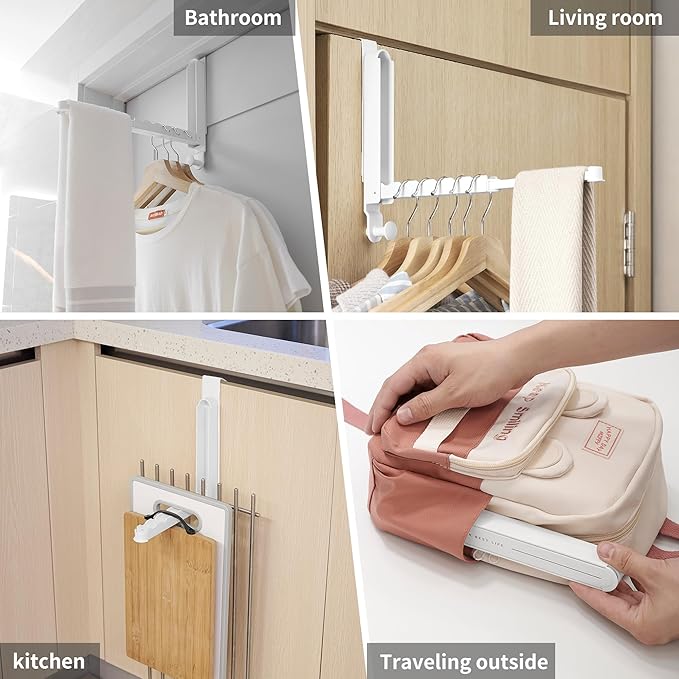 Clothes Drying Rack Foldable Fit Door up to 1 3/8" Optimal 1pc,Over The Door Hanger with Retractable Rod,Over The Door Hanger Hooks for Laundry Bathroom Bedroom Travel Hangers(White, 1 Pack)
