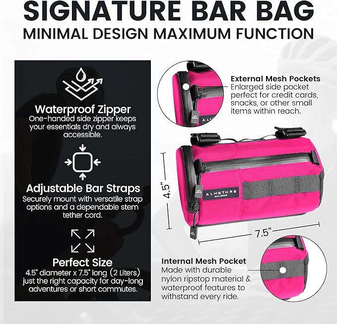 ALMSTHRE Signature Bar Bag – Passion Pink | Hard-Shell Bike Handlebar Bag with Waterproof Zippers & Adjustable Straps | Lightweight Bicycle Handlebar Bag, Compatible with Road, Gravel & MTB Bikes