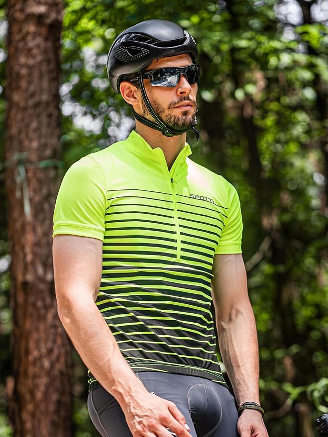Spotti Men's Cycling Bike Jersey Short Sleeve with 3 Rear Pockets- Moisture Wicking, Breathable, Quick Dry Biking Shirt