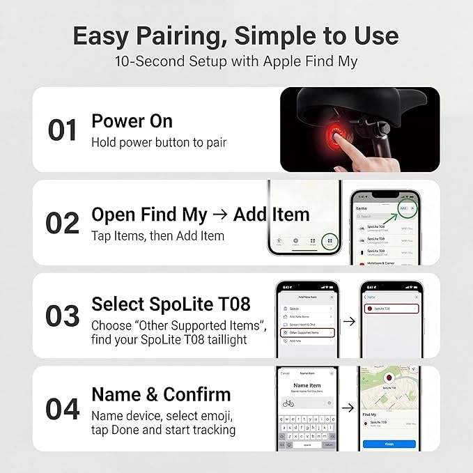 Bike GPS Tracker with Tail Light, Real-Time & Anti-Theft Bicycle Locator, No Monthly Fee/No SIM Card, Works with iOS Find My, 5 Light Modes, IP65 Waterproof, Bicycle Safety Light for Night Riding