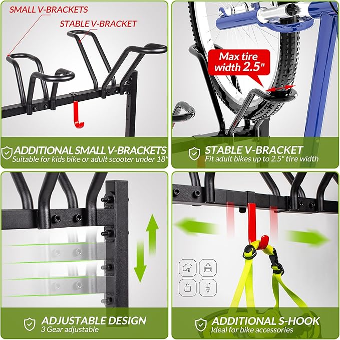 Sttoraboks 5 Bikes Floor Stand, Adjustable Bicycle Parking Rack with Hook for Garage, Indoor, Outdoor, Free Combination Bike Storage Cycle Rack for Mountain, Road and Kids Bikes, Max Tire Width 2.5”