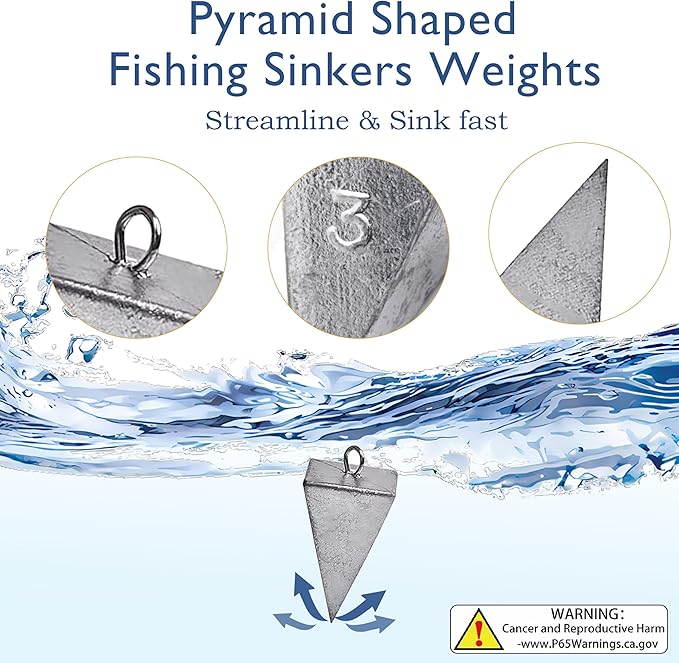 Pyramid Sinkers Fishing Weights, Saltwater Fishing Sinkers for Surf Fishing Gear Tackle - 1oz, 2oz, 3oz