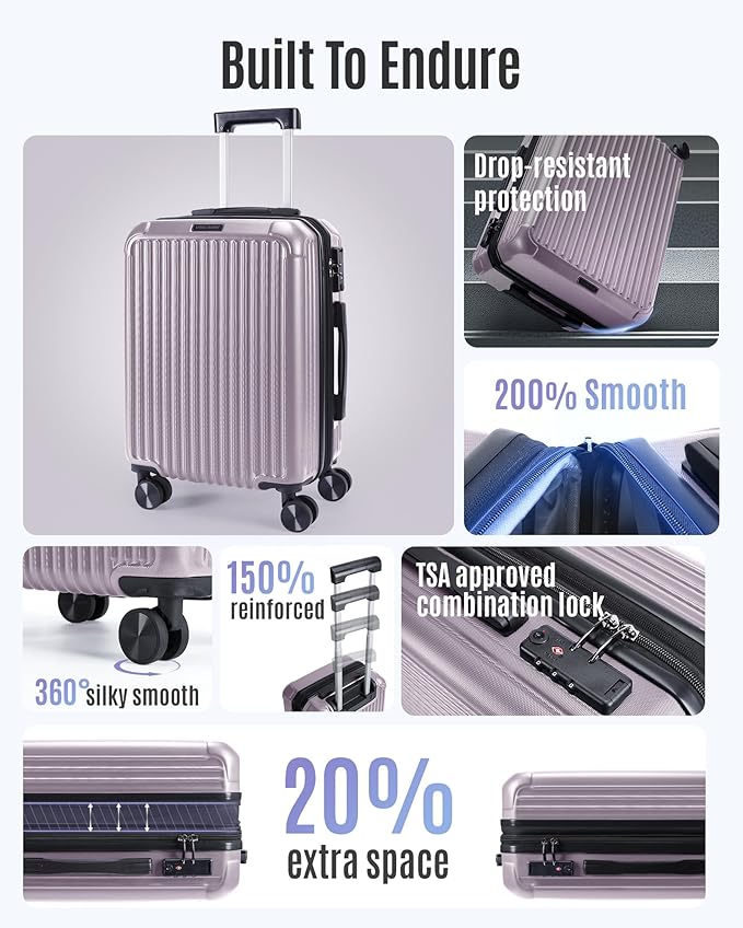 LIGHT FLIGHT スーツケース 3点セット スピナーホイール付き 耐久性のあるハードシェル TSAロック付き 軽量スーツケース ローズパープル (20インチ 24インチ 28インチ)