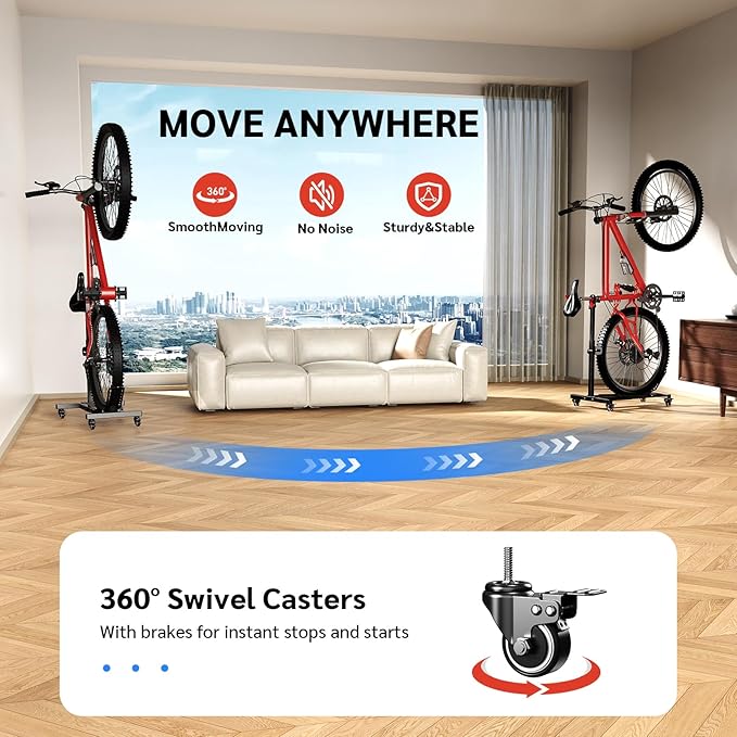 Bike Floor Stand Indoor Bike Stand for Garage/Home,Adjustable Bicycle Parking Stand Fit for 16"-29" Wheel Mini/Mountain/Road Bikes Heavy Duty Metal (Height-adjustable with wheels)