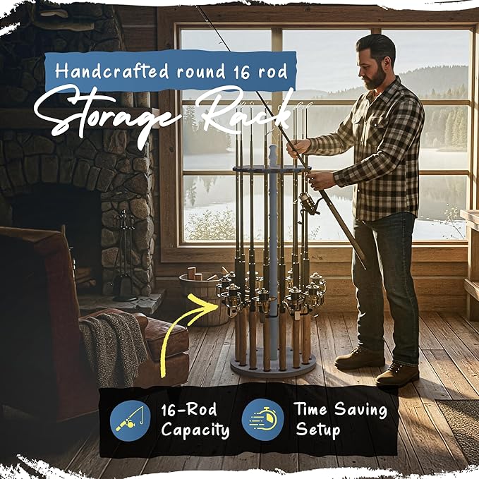 Rush Creek Creations | Rod Holder for 16 Fishing Poles, Garage Organization and Storage, for Reels, Gear, Accessories, Tackle Box