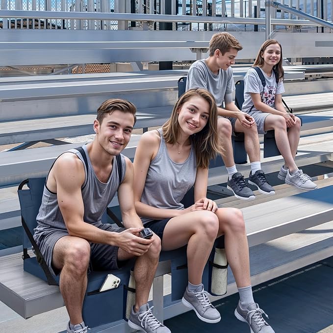 Stadium Seats for Bleachers 2 Pack w/Back Support Bleacher Seat Soft Cushion Light Weight with Shoulder Strap & Cup Holder, Front & Back Zipper Pocket, Suitable for Sports Events,Navy