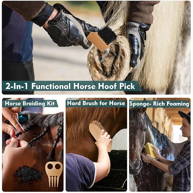 Horse Grooming Kit,13PCS Professional Horse Brushes for Grooming Care Supplies Set with Organizer Bag, Curry Comb, Hoof Pick, Horses Tack Brush Set for Effective Cleaning, Gift for Horse Riders