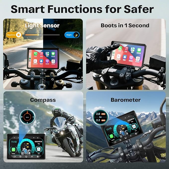 WonVon Motorcycle CarPlay Screen with Android Auto – 5” Waterproof GPS, Pantalla para Moto, Apple CarPlay, Navigation System for Motorcycle, Dual 2K Dash Cam Bluetooth Audio & TPMS (No SD Card)