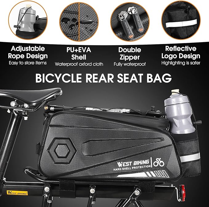 West Biking Bike Rear Seat Bag, Double Water Resistant, Zipper, Bicycle Trunk Pannier, 8.6L Capacity Waterproof Backseat Carrier Cargo Pouch with Strap & Rain Cover For Cycling