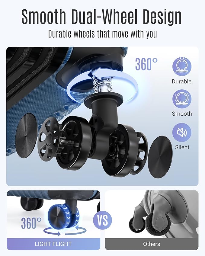LIGHT FLIGHTスーツケースセット、耐久性のあるハードシェル3点セット、スピナーホイール付き、TSAロック付き軽量ハードサイドスーツケースセット、大型旅行用スーツケースセット（20インチ24インチ28インチ）、ルージュダスト