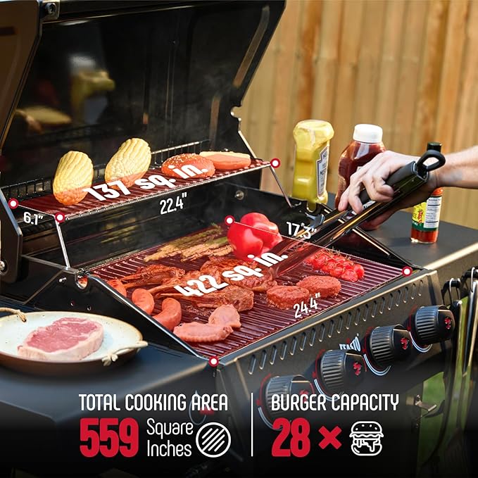 4 Burner Gas Grill, 36,000 BTU Outdoor BBQ Grill with Side Table for Outdoor Cooking & Backyard Barbecue, Premium Enameled Coated Chamber Body with Porcelain-Enameled Grates, Black