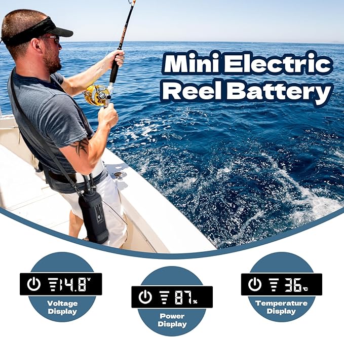 Super Mini Electric Fishing Reel Battery. Latest Model with Digital LED Display. Compatible with Daiwa & Shimano Electric reels.