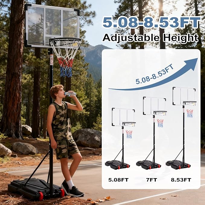 DUMOS 10FT Adjustable Height Portable Basketball Hoop Outdoor for Adult, 44 Inch Shatterproof Backboard w/Shock Absorbent Rim, Fillable Base, 2 Wheels for Swimming Pool/Indoor