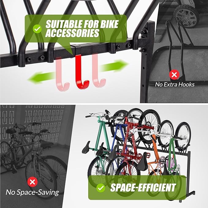 Sttoraboks 5 Bikes Floor Stand, Adjustable Bicycle Parking Rack with Hook for Garage, Indoor, Outdoor, Free Combination Bike Storage Cycle Rack for Mountain, Road and Kids Bikes, Max Tire Width 2.5”