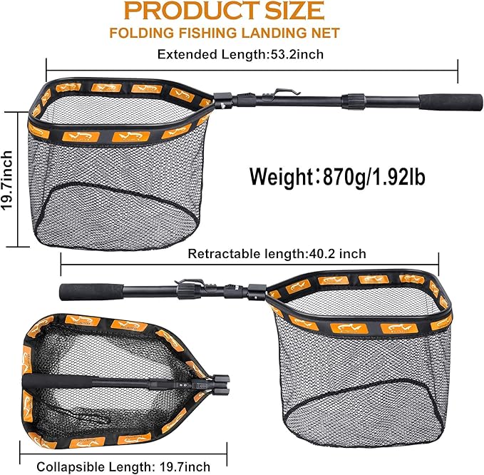 PLUSINNO Floating Fishing Net for Steelhead, Salmon, Fly, Kayak, Catfish, Bass, Trout Fishing, Rubber Coated Foldable Landing Net with Fixed or Telescoping Pole Handle, Fishing Gear and Gifts for Men