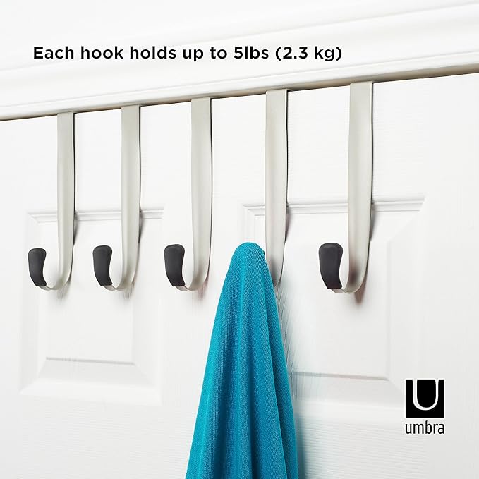Umbra Schnook Steel Over-The-Door Multi-Hook - 5 Metal Hooks Measure 18" x 8" - Perfect for Hanging Robes, Towels, Shower & Bath Accessories - Keep Your Bathroom Organized and Neat
