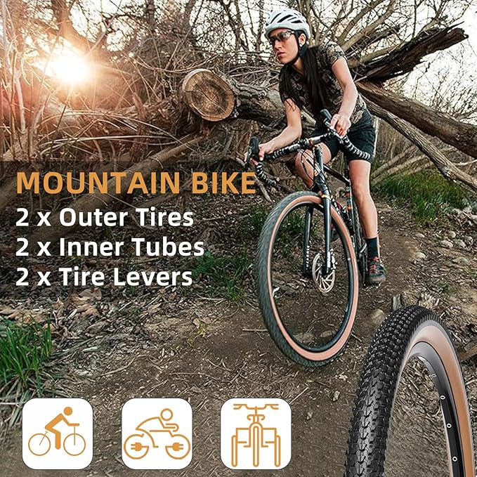 Bike Tires Set:2 Pack 26x2.10, 27.5X 1.95/2.1, 29x2.1/2.25 inch 60 TPI Replacement Bicycle Tires and Inner Tubes with Tire Levers Compatible with Mountain/Off Road Bike