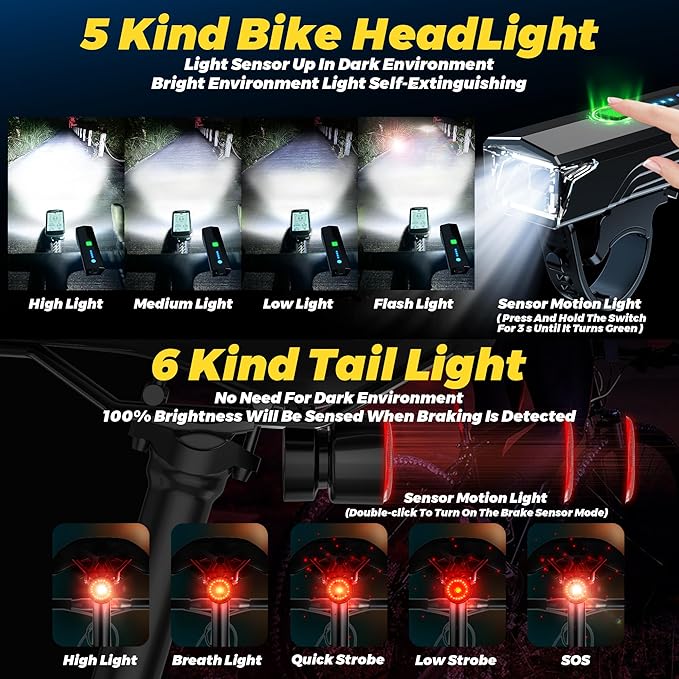 2025 Anti-Glare Front Rear Sensor 3000 Bike Lights, 5+6 Kind Warning Modes Bicycle Light and Tail Light Set, Long Time Waterproof Bike Accessories for Night Riding City Streets Mountain, Black
