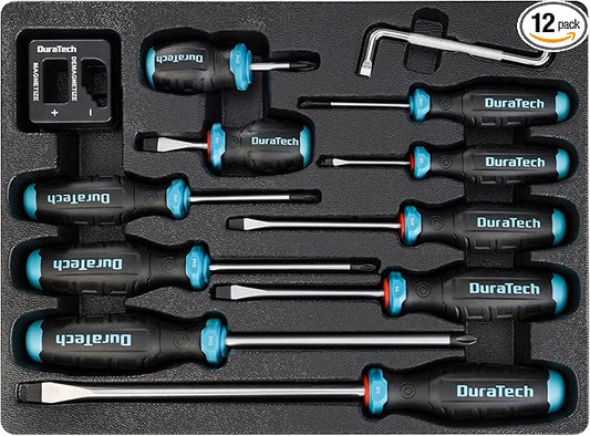 DURATECH 12-Piece Magnetic Screwdriver Set, 5 Phillips and 5 Slotted Tip S2 Alloy Steel Screwdriver Set, 1 pc Magnetizer Demagnetizer, 1 pc CR-V Offset Screwdriver, Storage Tray Included