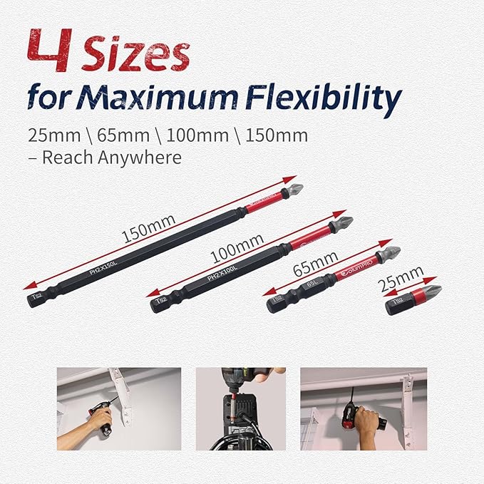 Diamond Grit PH2 Screwdriver Bit Set, 10PCS Magnetic Drill Bits for Stainless Steel Screws, Anti-Slip, HRC65 Hardened S2 Steel, CNC Precision, 25/65/100/150mm Lengths