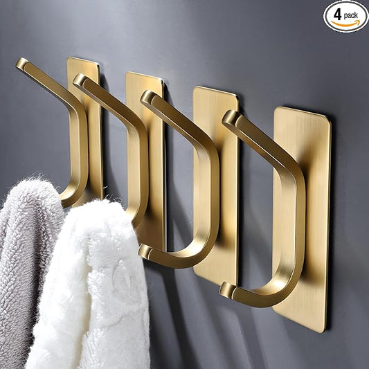 DELITON Gold Adhesive Hooks - 4 Pack Heavy Duty Stainless Steel Towel Hooks for Bathroom, Kitchen, No Drill Stick on Wall Hook for Hanging Robe, Coat, Clothes