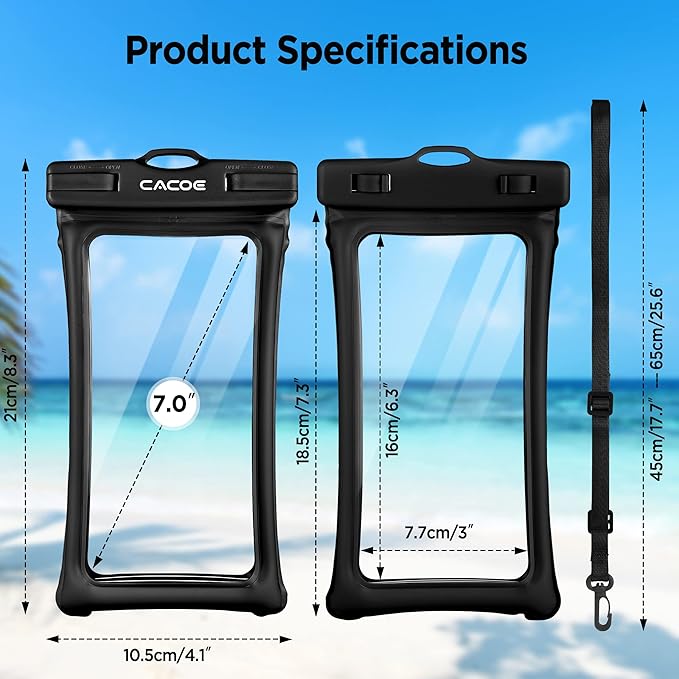 CACOE [Floatable] Floating Universal Waterproof Phone case 2 Pack-Up to 7.0",Phone Pouch with Adjustable Neck Lanyard,IPX8 Cellphone Dry Bags for Vacation Water Activities（Black+Light Blue）