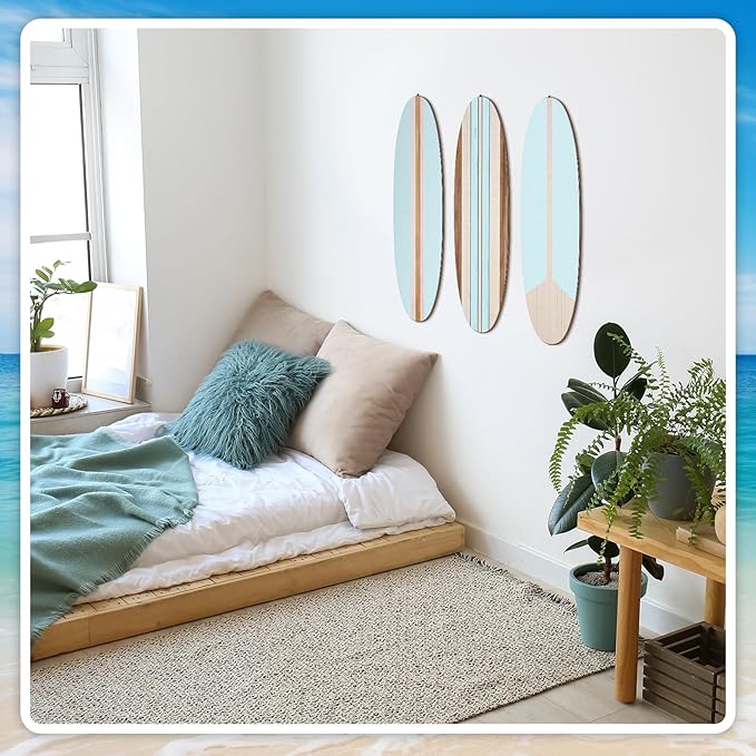 Gerrii 3 Pieces Surfboard Wall Decor 23.6" x 5.4" Preppy Beach Room Decor Aesthetic Large Wooden Cute Beachy Tropical Wall Art for Surfer Bedroom Bathroom Decorations(Blue,Stripe)