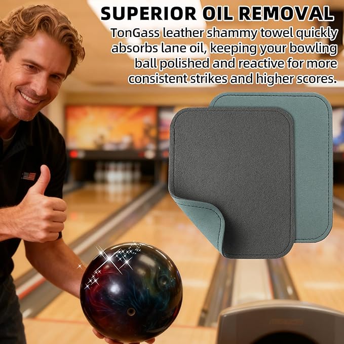 TonGass Leather Bowling Shammy Towel 6.56" x 5.56" – Double-Sided Genuine Leather Bowling Ball Towel Oil Remover, Premium Shammy Pad for Strikes, Durable Bowling Accessories for Practice - 3 Pack