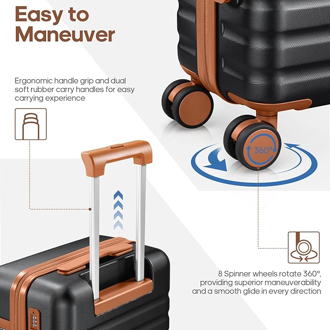 UKEIN Luggage Sets 5 Piece, Carry On Luggage 20In With Spinner Wheels, Hardside Suitcase Set with TSA Lock,Durable Large Suitcase With Travel Backpack for Men-20/24/28in (Black, 5 piece set)