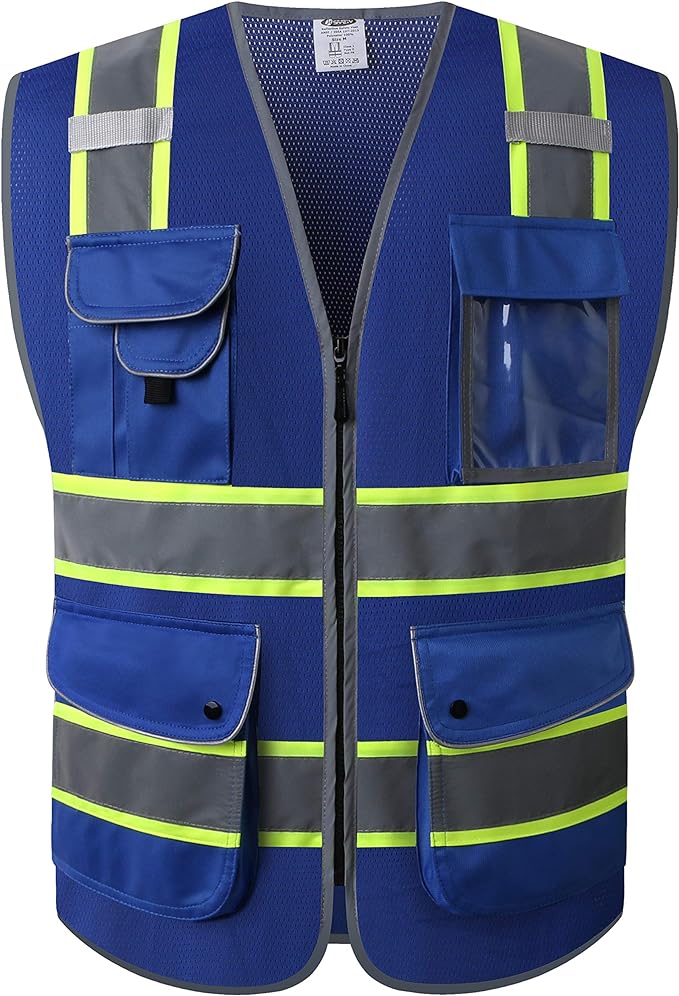 JKSafety 9 Pockets High Visibility Zipper Front MESH Blue Safety Vest | Blue with Dual Tone High Reflective Strips | ANSI/ISEA Standards (100-Blue, XXL)