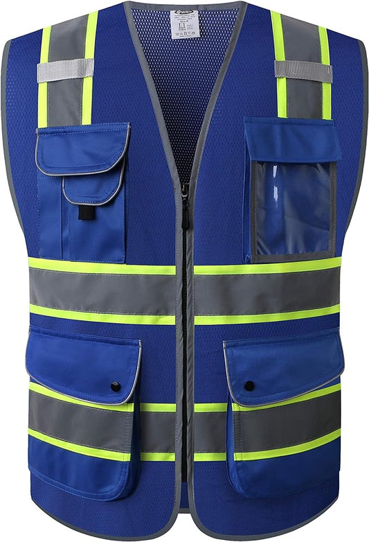 JKSafety 9 Pockets High Visibility Zipper Front MESH Blue Safety Vest | Blue with Dual Tone High Reflective Strips | ANSI/ISEA Standards (100-Blue, XXL)