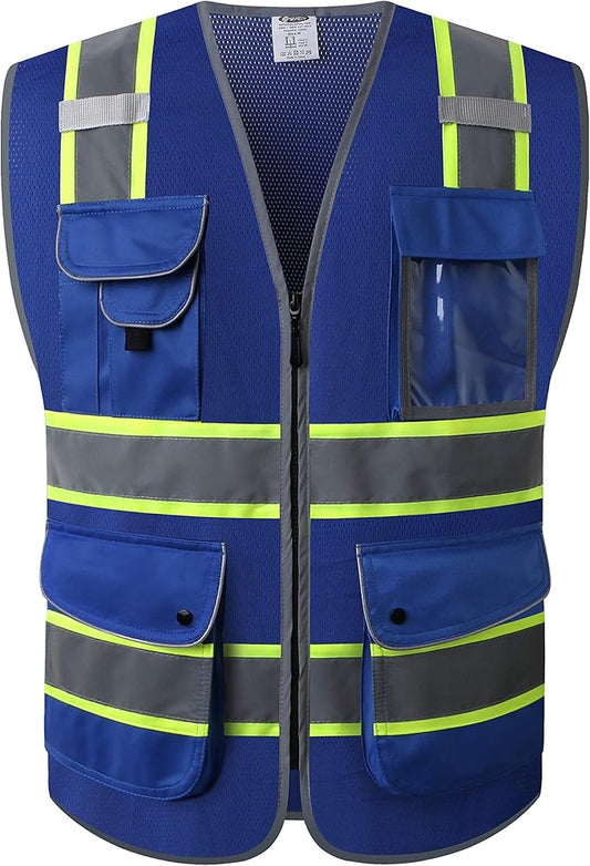 JKSafety 9 Pockets High Visibility Zipper Front MESH Blue Safety Vest | Blue with Dual Tone High Reflective Strips | ANSI/ISEA Standards (100-Blue, M)