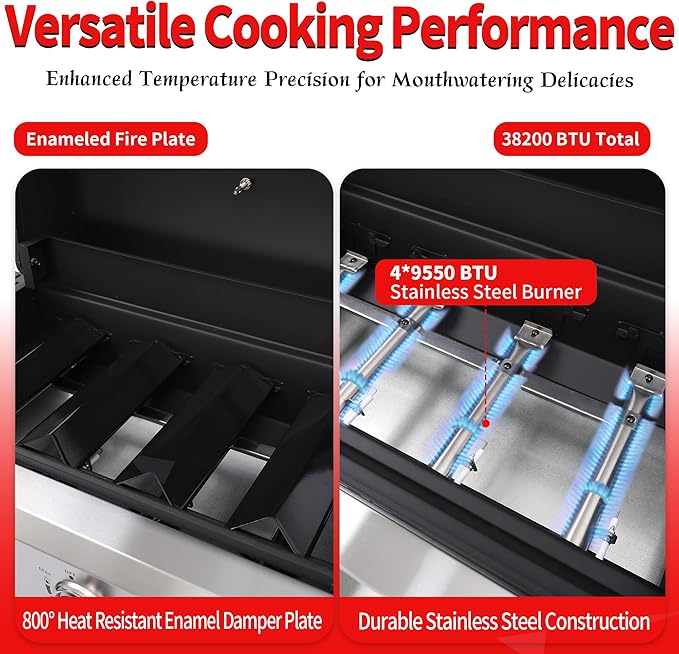 4-Burner Propane Gas Grill, 38250 BTU Outdoor BBQ Grill with Cast Iron Grates & Foldable Side Shelves, Portable Grill for Backyard, Patio, Camping, Black