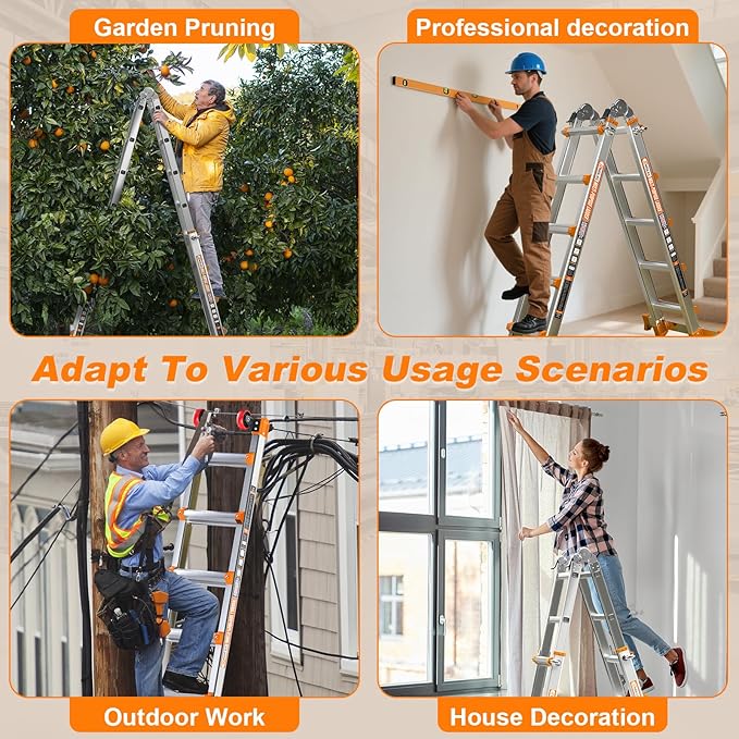 Telescoping A-Frame Ladder- 17FT Folding Extension Ladder with Wheels & Stabilizer Bar, 330lb Security Load Multi Position Ladders for Stairs Home Indoor Outdoor Roof