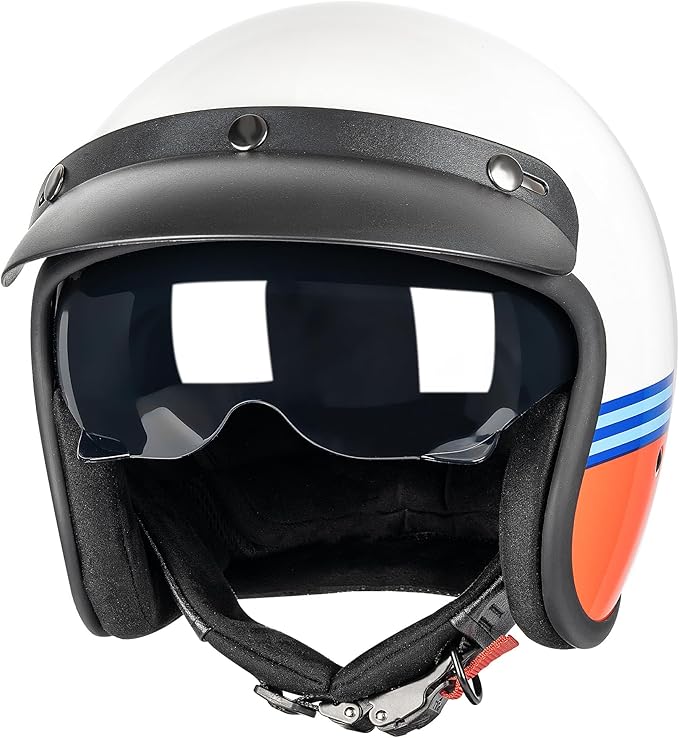 Yesmotor 3/4 Open Face Retro Motorcycle Helmet Vintage Helmet for Motorbike Casco, Moped, Cruiser, Bobber, and Chopper - DOT Approved(Red and Blue Stripes , XL)