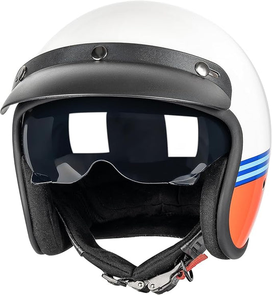 Yesmotor 3/4 Open Face Retro Motorcycle Helmet Vintage Helmet for Motorbike Casco, Moped, Cruiser, Bobber, and Chopper - DOT Approved（Red and Blue Stripes,L）