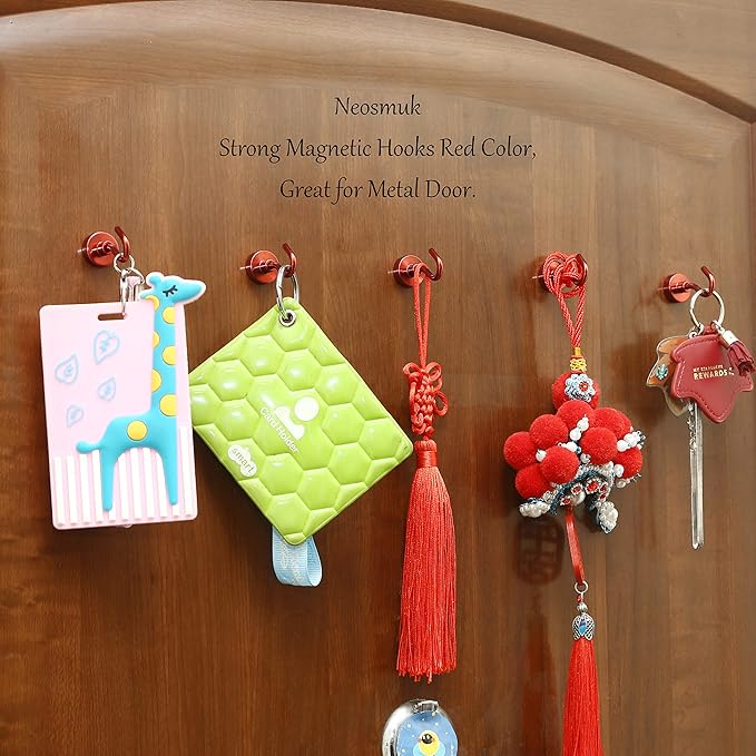 Neosmuk Magnetic Hooks, Heavy Duty 30lb+ Strong Magnet Hook for Cruise Cabins, Cruise Ship Essentials for Hanging, Metal Wall Refrigerator Hangers (Red, 10 Pack)