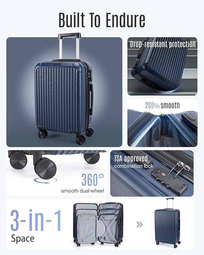 LIGHT FLIGHT スーツケース 3点セット キャリーケース 耐久性 ハードシェル スピナーホイール TSAロック付き 軽量 大容量 旅行用（20インチ 24インチ 28インチ）ダークブルー