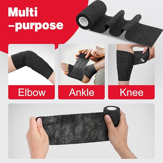 AZEN 18 Pack Self Adhesive Bandage Wrap, 4" X 5 Yards Elastic Cohesive Bandage Wrap, Black Athletic Tape, Tattoo Grip Tape Wrap, Vet Wrap, Ankle Tape