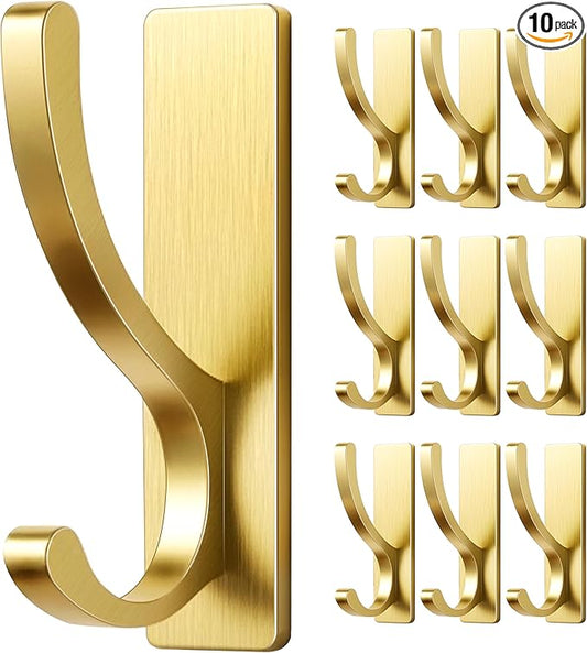 pickpiff Adhesive Wall Hooks for Towels - Sticky Hook Hanging Heavy Duty (13lb), Hanger for Door, Bathroom, Dorm, Closet - for Coats, Purse, Bag, Robe - No Damage to Wall - Gold 10 Pack