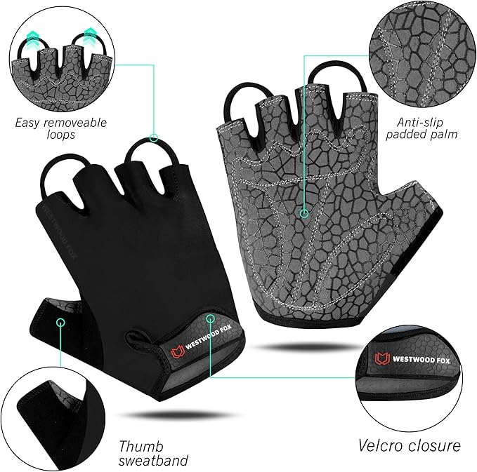 WESTWOOD FOX Cycling Gloves Half Finger Unisex Padded Grips Palm Bicycle Summer MTB Bike Gloves for Men Women Non-Slip Fingerless Short Mountain Bike Sports Hiking Climbing Gym