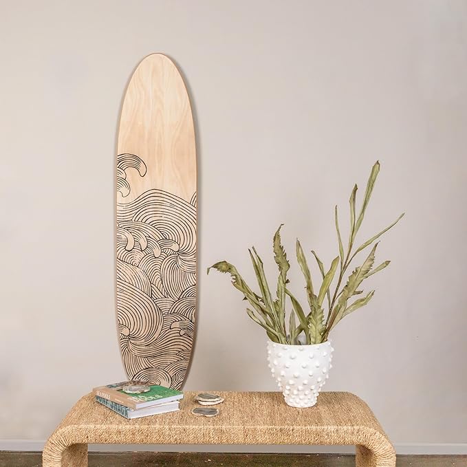 Creative Co-Op Coastal Decorative Surfboard Wall Décor, Wave Design Overlaid On Natural Wood, Hangs Vertical or Horizontal