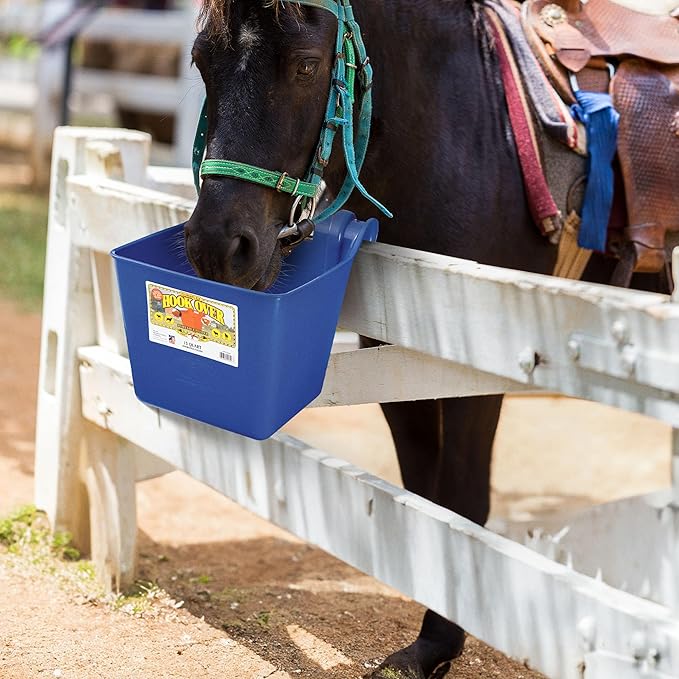 Little Giant® Plastic Hook Over Feeder | Mountable Livestock & Pet Feed Bucket | Horse Feed Bucket | Made in USA | 15 Quarts | Blue
