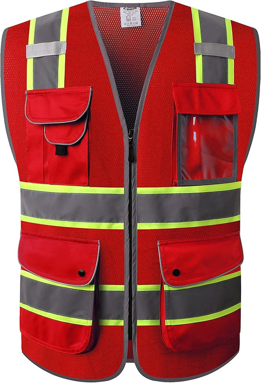 JKSafety 9 Pockets Hi-Vis Neon Red Zipper Front MESH Safety Vest with Fluorescent Yellow Extend Edge outlining the Reflective Tapes Meet ANSI/ISEA Class 2 Standard (100-Red, 5X-Large)
