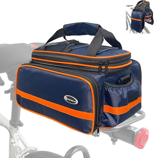 reygeak Bike Rack Bag, 25L Multi-functional Polyester Saddle Trunk Shoulder Panniers for Bicycle, Black Large Capacity Extensible Luggage for Adults, with Rainproof Cover (Blue Orange)