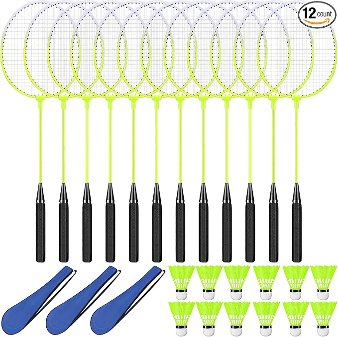 12 Pack Badminton Rackets Set Including Badminton Racquets, Nylon Shuttlecocks and Carry Bag for Outdoor Backyard Games Beginners